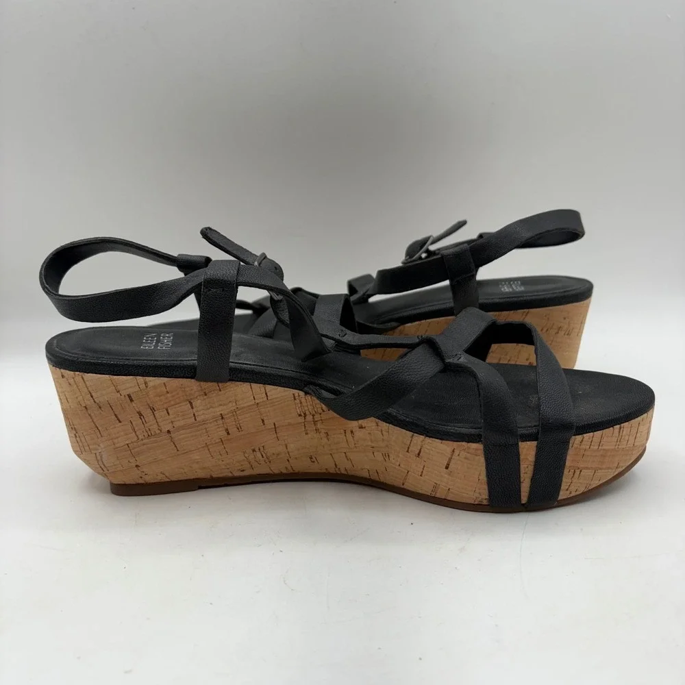 Eileen‎ Fisher Womens Black Leather Cork Platform Wedge Strappy Sandals Size 9.5